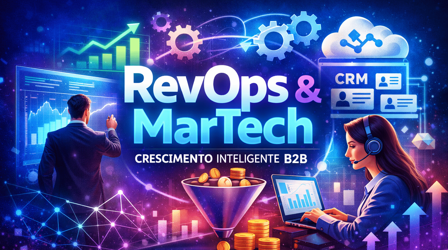 Ilustração digital sobre RevOps e MarTech B2B mostrando integração entre marketing, vendas e tecnologia para crescimento empresarial com a Beatz