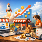 Ilustração de marketing digital e crescimento de e-commerce com laptop exibindo loja online, empresária trabalhando com caixas de envio, gráfico ascendente com moedas e foguete simbolizando aumento de vendas e expansão do negócio.