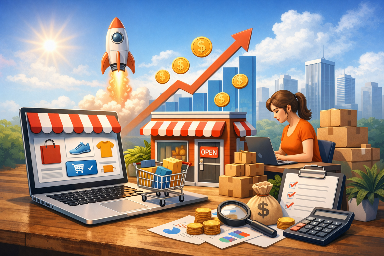 Ilustração de marketing digital e crescimento de e-commerce com laptop exibindo loja online, empresária trabalhando com caixas de envio, gráfico ascendente com moedas e foguete simbolizando aumento de vendas e expansão do negócio.