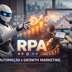 Ilustração representando RPA (Robotic Process Automation) e automação de processos empresariais com análise de dados e crescimento de negócios.