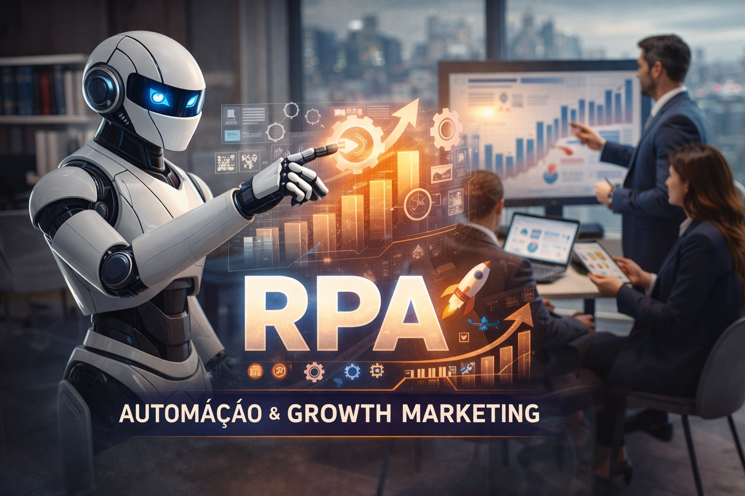 Ilustração representando RPA (Robotic Process Automation) e automação de processos empresariais com análise de dados e crescimento de negócios.