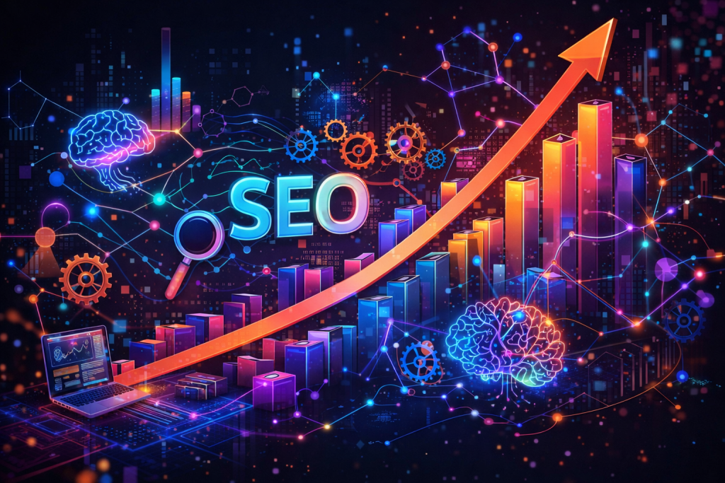 Ilustração futurista de SEO com inteligência artificial, gráficos de crescimento e redes digitais representando estratégias de SEO, AEO e GEO no marketing digital.
