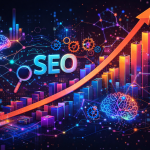 Ilustração futurista de SEO com inteligência artificial, gráficos de crescimento e redes digitais representando estratégias de SEO, AEO e GEO no marketing digital.